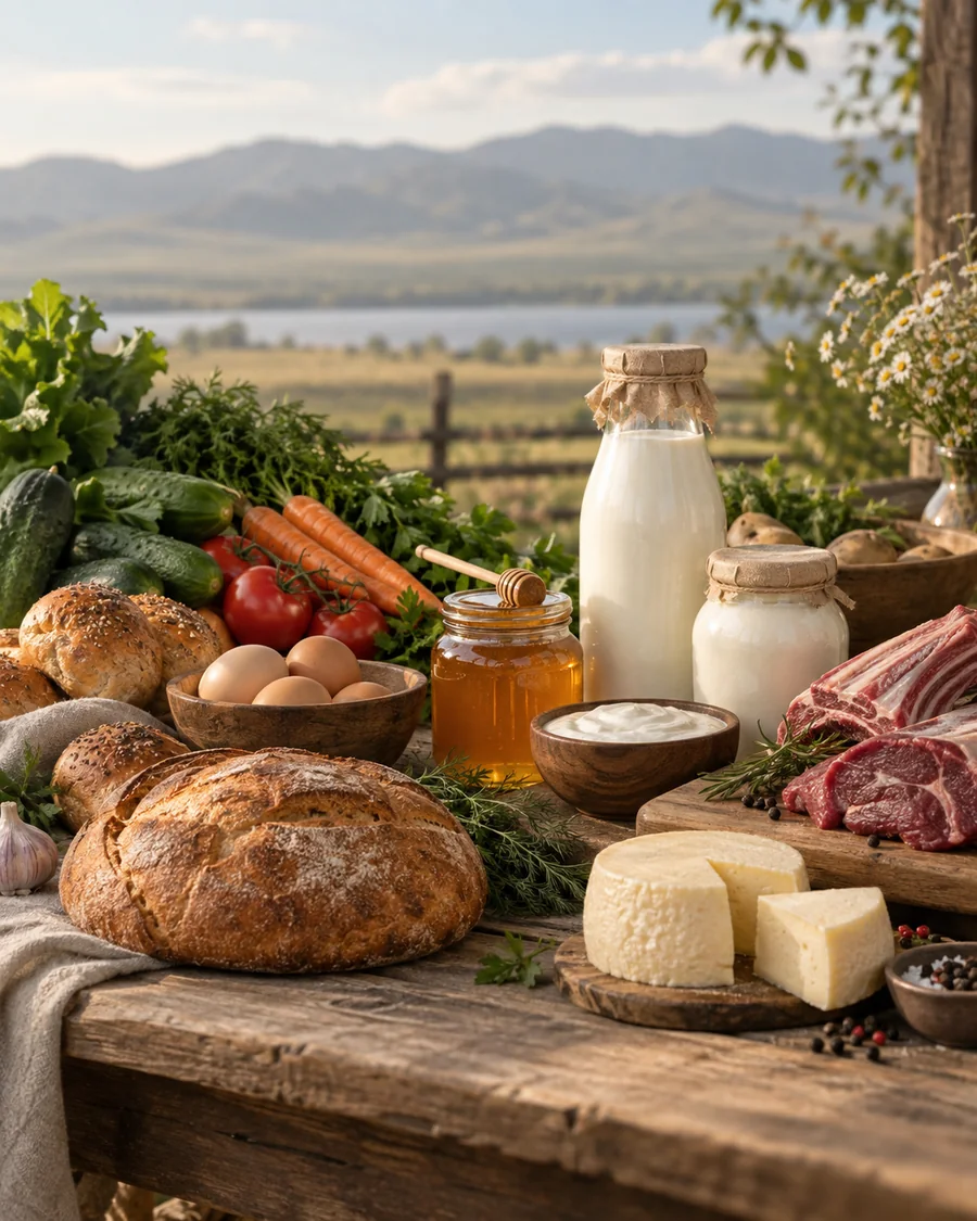 Домашние и местные продукты: хлеб, сыр, овощи, мёд, молоко и мясо